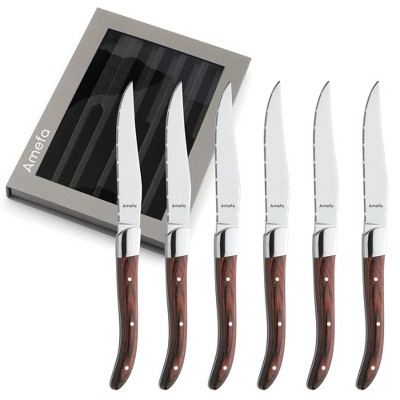 Amefa Royal Steak Knives, Set of 6, Hardened Stainless Steel, Triple Rivet Pakka Wood Ergonomic Handle Design, Serrated Edge 4 Inch Blade Steak Knife