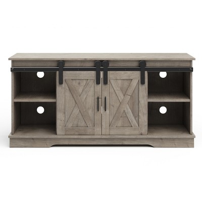 Gray Woodgrain 65-inch TV Stand with Cabinets and Metal Hardware