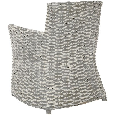 Modern Coastal Cabana Rattan Arm Chair with Beige Cushion - Grey White Wash