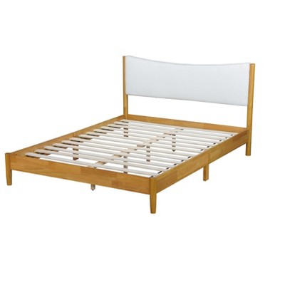 DOMETOUR Queen Size  Rubber Wooden , Solid Wooden Bed with Teddy Velvet Cushion Upholstered Headboard, Enhanced by Support Feet,Beech White