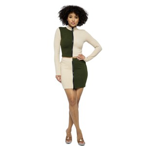 Slickblue Modern Rib Color Block Set – Mock Neck Long Sleeve & High-Waist Mini Skirt in Beige/Olive, Perfect for Events - 1 of 4