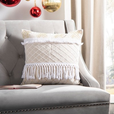 Beige and White Embroidered Square Pillow with Tassels