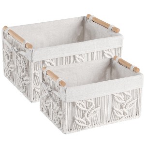 Aoibox Storage Basket White Boho Decor Handmade Cotton Woven Versatile Organizer with Wooden Handle for Bathroom Bedroom Closet - 1 of 4