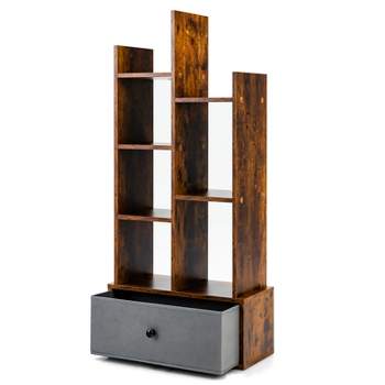 Tangkula Tree Shaped Bookcase with Drawer Free Standing Bookshelf with 7 Open Storage Shelves Tall Display Rack with Bookshelves Brown/White