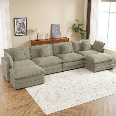 NicBex Couches for Living Room 149.6" Modular Sectional Sofa L-Shape Corduroy Upholstered Sofa Couch with Side Storage Pockets and Ottoman, Brown