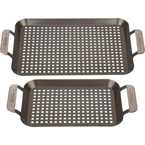 Grill Topper BBQ Grilling Pans (Set of 2) - Non-Stick Barbecue Trays w Stainless Steel Handles for Meat  Vegetables  and Seafood - Great for Summer - 1 of 3