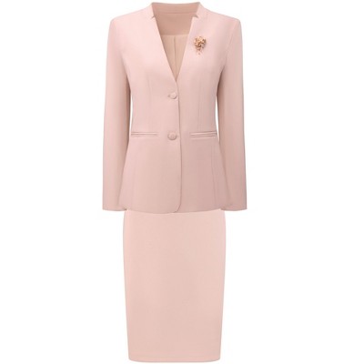 INSPIRE CHIC Women's Outfit Business Work Blazers and Pencil Skirts with Brooch Pin Suit Set 2 Pcs