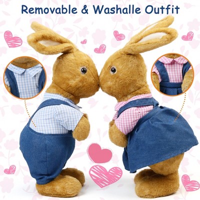 12" Brown Bunny Plush Toys with Denim Outfits, 2 Pack