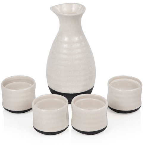 True Fervor 5pcs Ceramic Sake Set, 4 3.5oz Saki Cup Set & 1 8oz Sake Bottle  Carafe - Traditional Japanese Tokkuri & Saki Cups Drink Gift - White