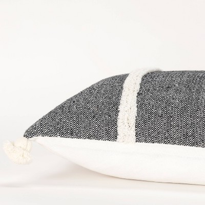 Black and White Cotton Lumbar Throw Pillow with Tassels