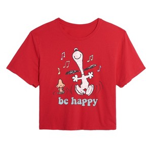 Women's - Peanuts - Be Happy Snoopy And Woodstock Cropped Graphic T-Shirt - 1 of 4