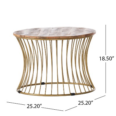 Natural Mango Wood and Gold Round Coffee Table with Storage