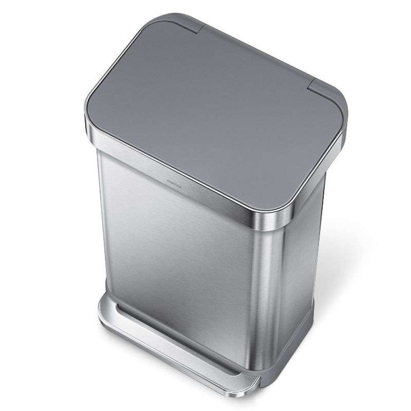 simplehuman 45L Rectangular Step Trash Can with Liner Pocket Brushed Stainless Steel and Gray Plastic Lid, 3 of 8