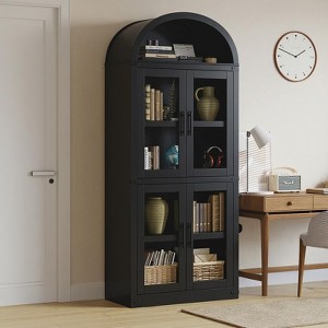 Arched Bookshelf with Glass Doors, 71.4" Tall Farmhouse Bookcase, 15.8" Deep Wooden Display Cabinet with Storage Shelves - 1 of 4
