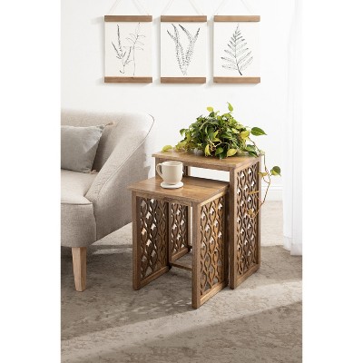 Natural Mango Wood Hand-Carved Nesting Tables, Set of 2