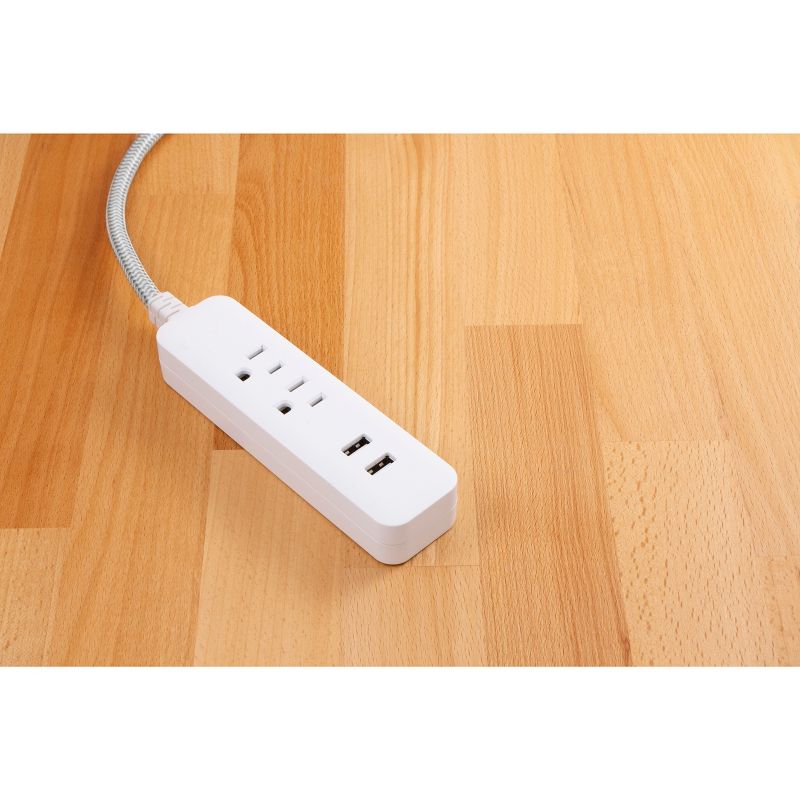 Cordinate 4&#39; 2 Outlet 2 USB 2.4A Extension Cord Braided Gray/White, 3 of 9