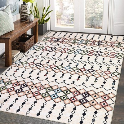 Boho Rug Moroccan Trellis Area Rug Washable Rug Faux Wool Geometric Distressed Carpet