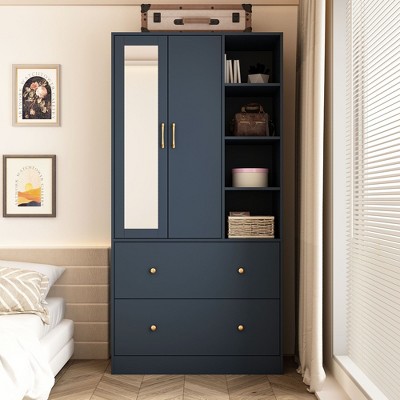 Famapy Navy Blue Wardrobe: Stylish Design with Mirror Door and Sliding Hanging Rod