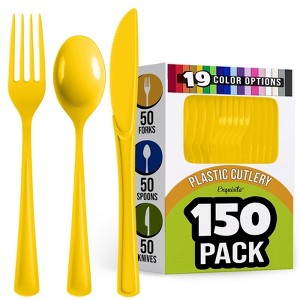 Exquisite Solid Color Plastic Utensil Cutlery Set Forks Spoons Knives- 150 Pack - 1 of 4