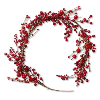 tag 5 ft. Artificial Bright Red Holly Berries   Garland Christmas Tree Staircase Mantel Fireplace Home Decorations Foam Berries
