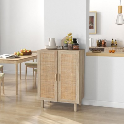 Natural MDF Storage Cabinet with Rattan Doors and Adjustable Shelves