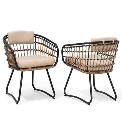 Pellebant Patio Rattan Dining Chairs Set Outdoor Dining Chairs with Cushions and Armrest Wicker Dining Armchairs Porch Chairs