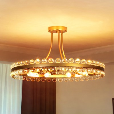 Rennnsan Wivra 23" W 9 - Light Wagon Wheel Beaded Crystal Mid-Century Modern Dimmable Flush Mount Chandelier in Gold