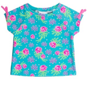 RuffleButts Toddler Girls UPF50+ Active Raglan Bow Shirt - Neon Happy Hibiscus, 3T - 1 of 4