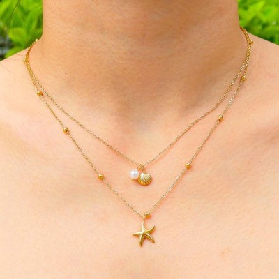 Clotth Titanium Steel Double-Layered Starfish Shell Beachy Necklace with 18K Gold Plating for Women - Vacation Boho Dainty Stackable Layered Choker