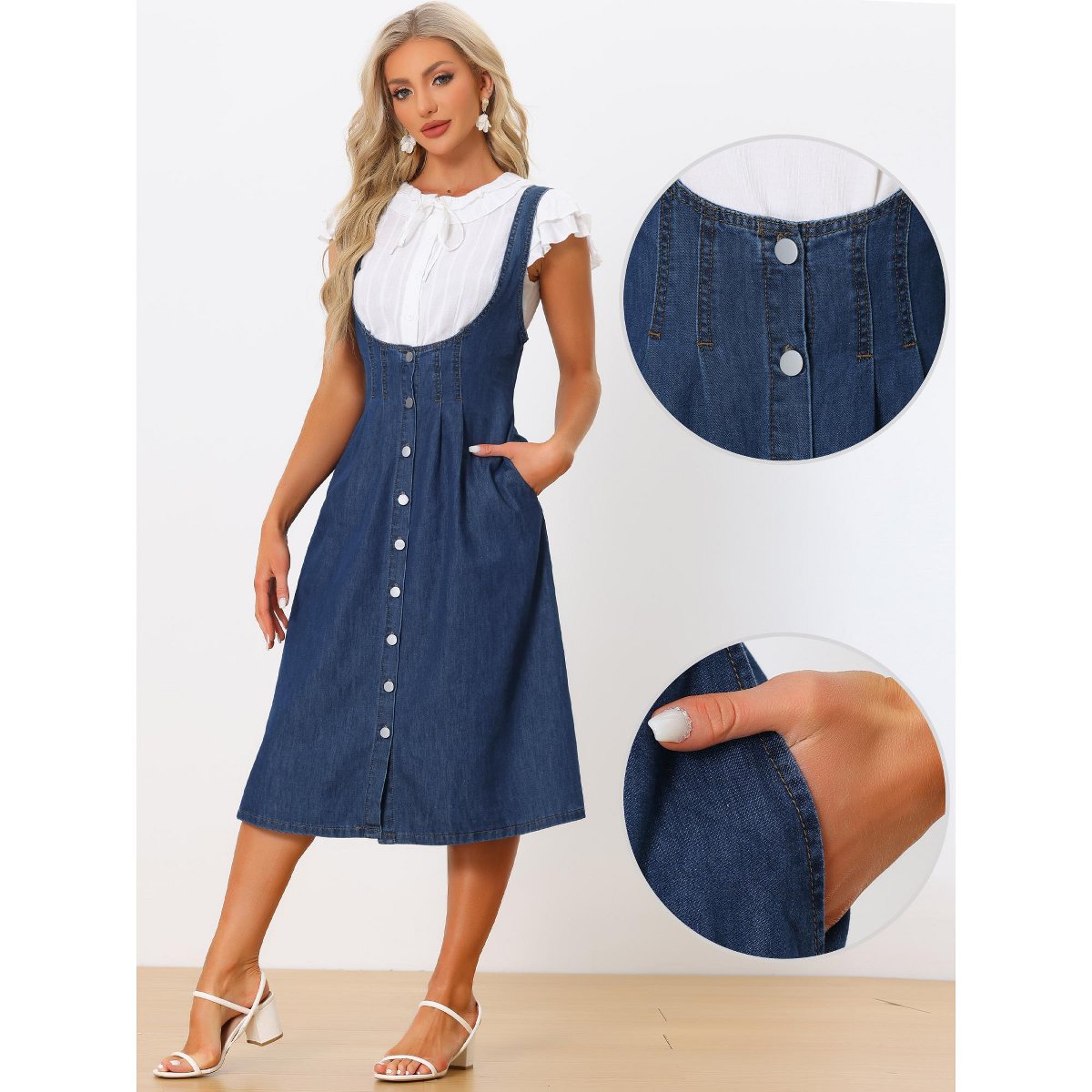 Женские платья INSPIRE CHIC Women's Button Front Classic U Neck Overall Denim Midi Dress with Pockets Large Dark Blue — фото 2
