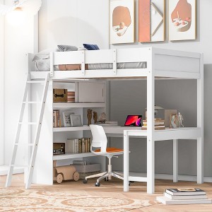 PAGED Full Size Loft Bed, Wooden Bed Frame with Wardrobes, Drawers, Lockers, Storage Stairs and Guardrail, Modern Bunk Bed for Kids, Adults - 1 of 4