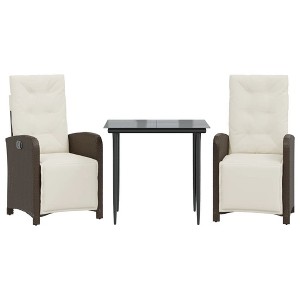 vidaXL 3-Piece Bistro Set with Cushions - Adjustable Brown Poly Rattan Reclining Chairs & Glass Top Table for Garden Patio - 1 of 4