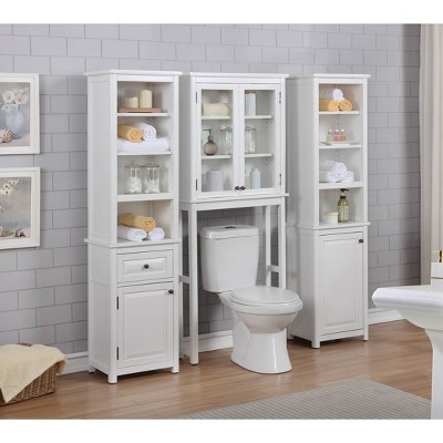 White Wood Over-the-Toilet Storage with Glass Doors
