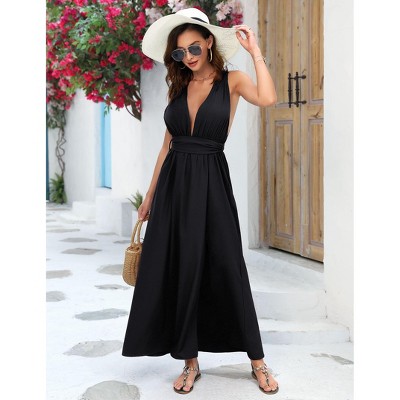 Coolmee Women's Summer Floral Dress Deep V Neck Backless Sleeveless Dress Flowy Boho Maxi Dresses with Belted