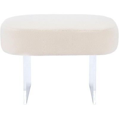 Ivory Faux Sheepskin Ottoman with Crystal-Clear Acrylic Legs