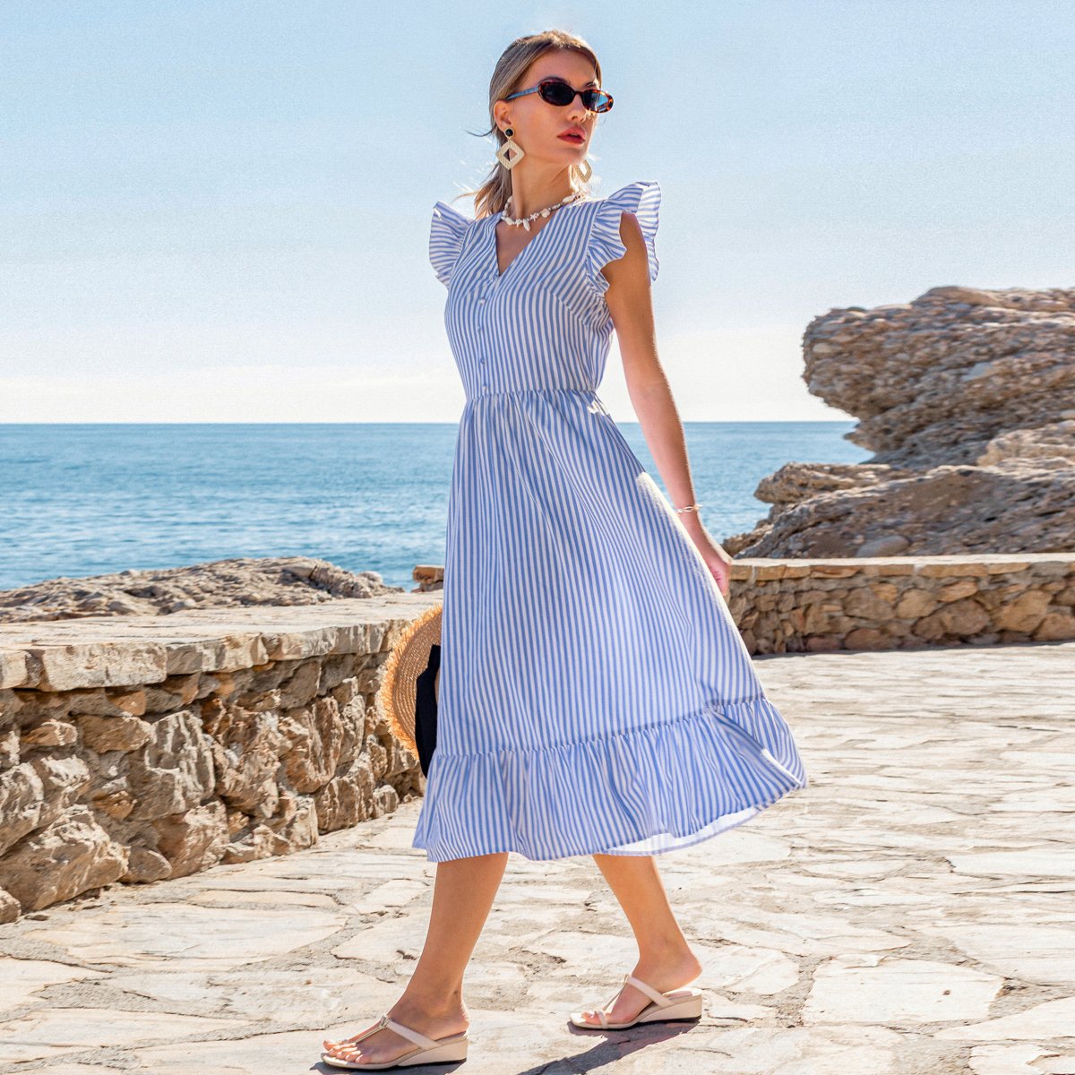 Женские платья Cupshe Women's Blue Striped Ruffle Sleeve Midi Dress-M-Blue — фото 2