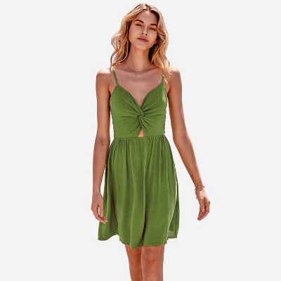 Women's Twist Cutout V Neck Tie Back Sleeveless Green Dress-Cupshe