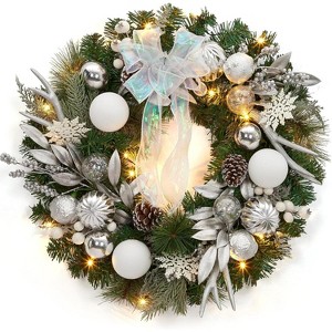GAOMON 24 Inch Pre-Lit Christmas Wreath, Battery Operated Xmas Wreath, Christmas Hanging Decorations with Pine Cones, Silver White - 1 of 4