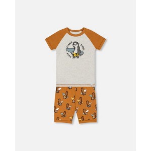 Deux par Deux Boy Cotton Two-Piece Short Pajama Set Sloths on Tan and Mottled Background - 1 of 3