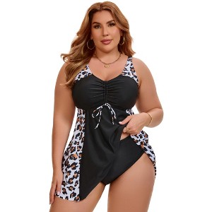Women's Plus Size Tankini Push Up Tummy Control Leopard Print Flowy Vacation Beach Two Piece Swim Dress with Shorts - Agnes Orinda Large Black