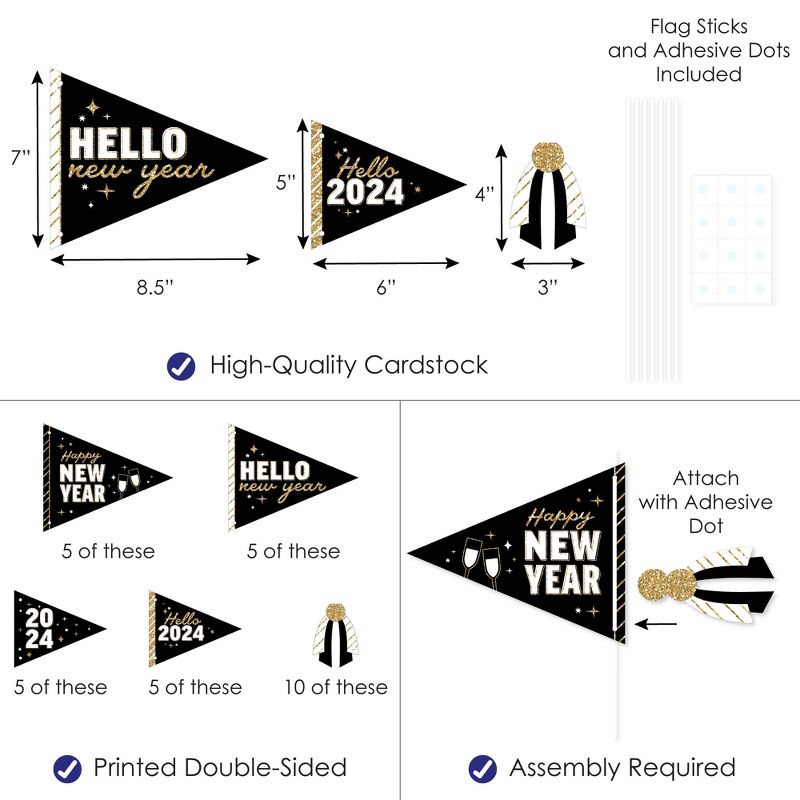 Big Dot of Happiness Hello New Year - Triangle 2024 NYE Party Photo Props - Pennant Flag Centerpieces - Set of 20, 3 of 9