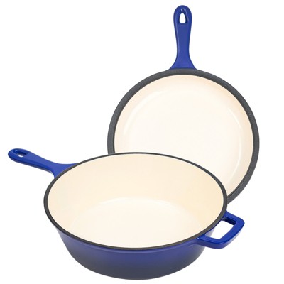 SEVOBAL Pots and Pans Enameled Cast Iron Skillets 2-in-1 Cast Iron Dutch Oven Pot, 3QT Dutch Oven 1.5QT Skillet, Blue, 16.54"*10.43"*4.72"