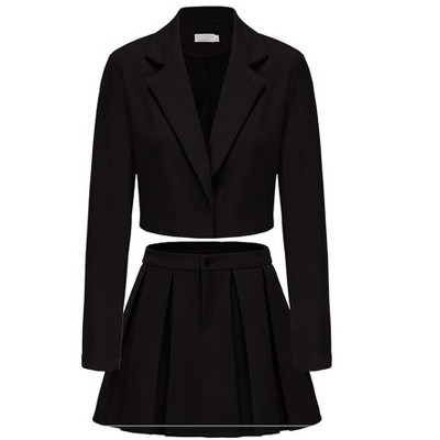 EXLURA Women's Business Casual Blazer Suit Sets and Pleated Mini Skirt 2 Piece Outfits Trendy Long Sleeve Y2K Clothes 2025