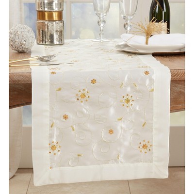 Ivory Embroidered and Sequined Polyester Table Runner, 16" x 108"