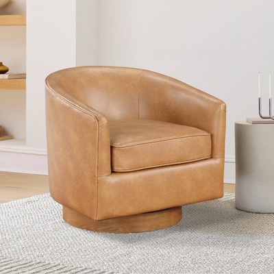 Saddle Brown Faux Leather Wood Swivel Barrel Chair