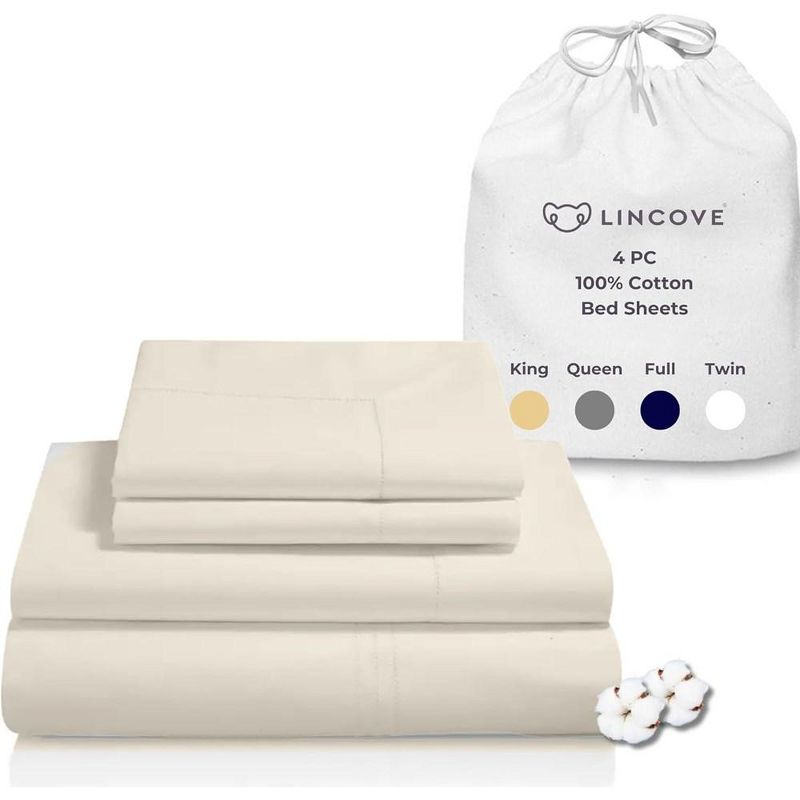 Lincove 400 Thread Count Cotton Sateen 4 Piece Sheet Set – Luxuriously Soft, 15" Deep Pockets, Includes 1 Fitted Sheet, 1 Flat Sheet, 2 Pillowcases, 1 of 8