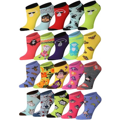 Tipi Toe Women's 20 pairs Jungle Jamboree Colorful Vibrant Monkey-themed Ankle/No Show Socks