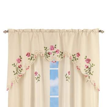 Collections Etc Elegant Pink Rose Floral Embroidered Curtains Drapes, Ivory