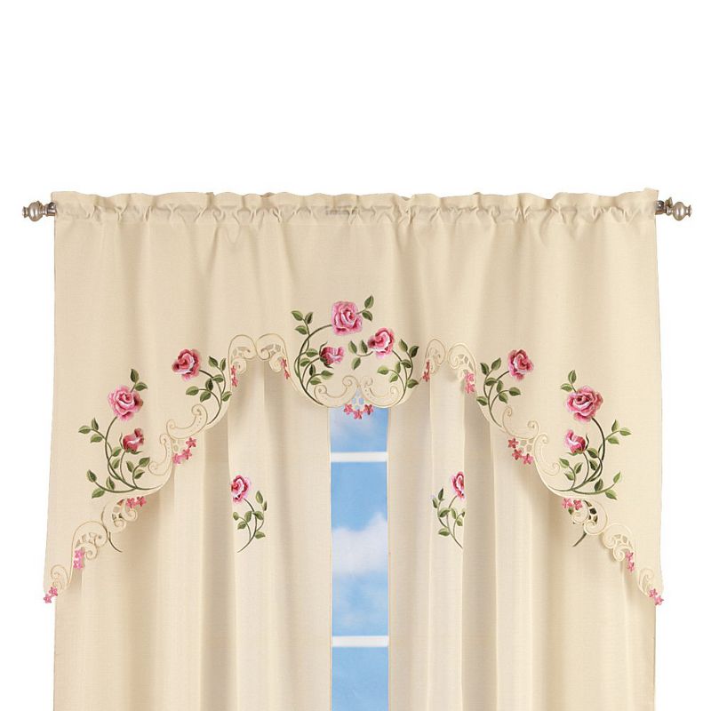 Collections Etc Elegant Pink Rose Floral Embroidered Curtains Drapes, Ivory, 1 of 5