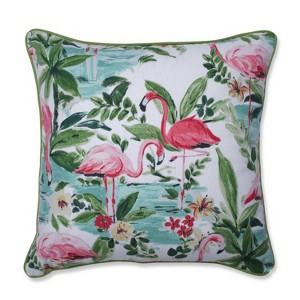 Floridian Flamingo Bloom Square Throw Pillow - Pillow Perfect, Beige Pink Green